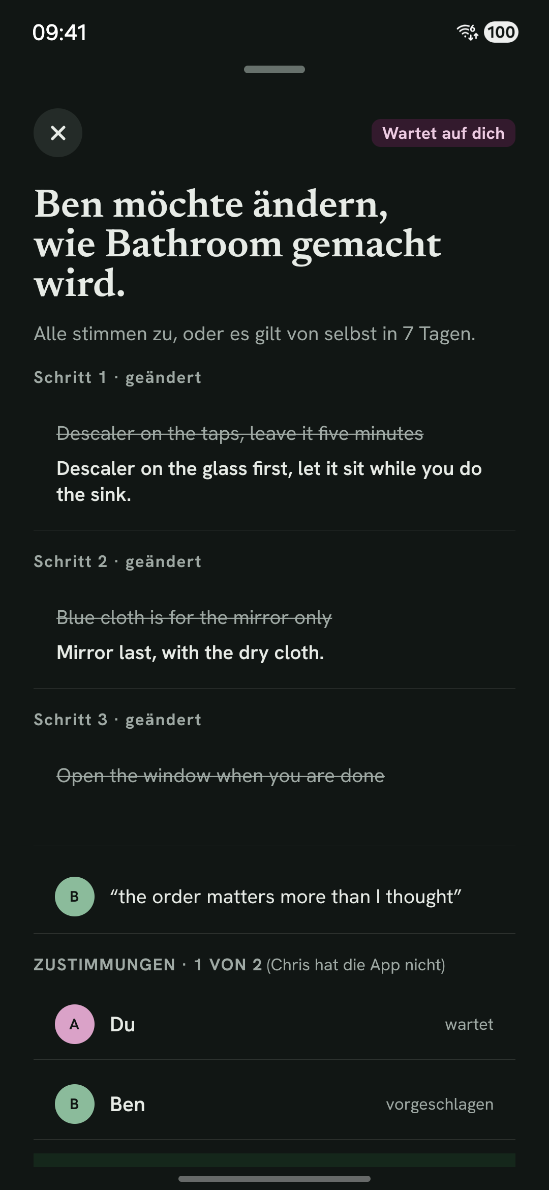 Ein Vorschlag zur Änderung einer Aufgabe mit der neuen Anleitung und wer schon zugestimmt hat.