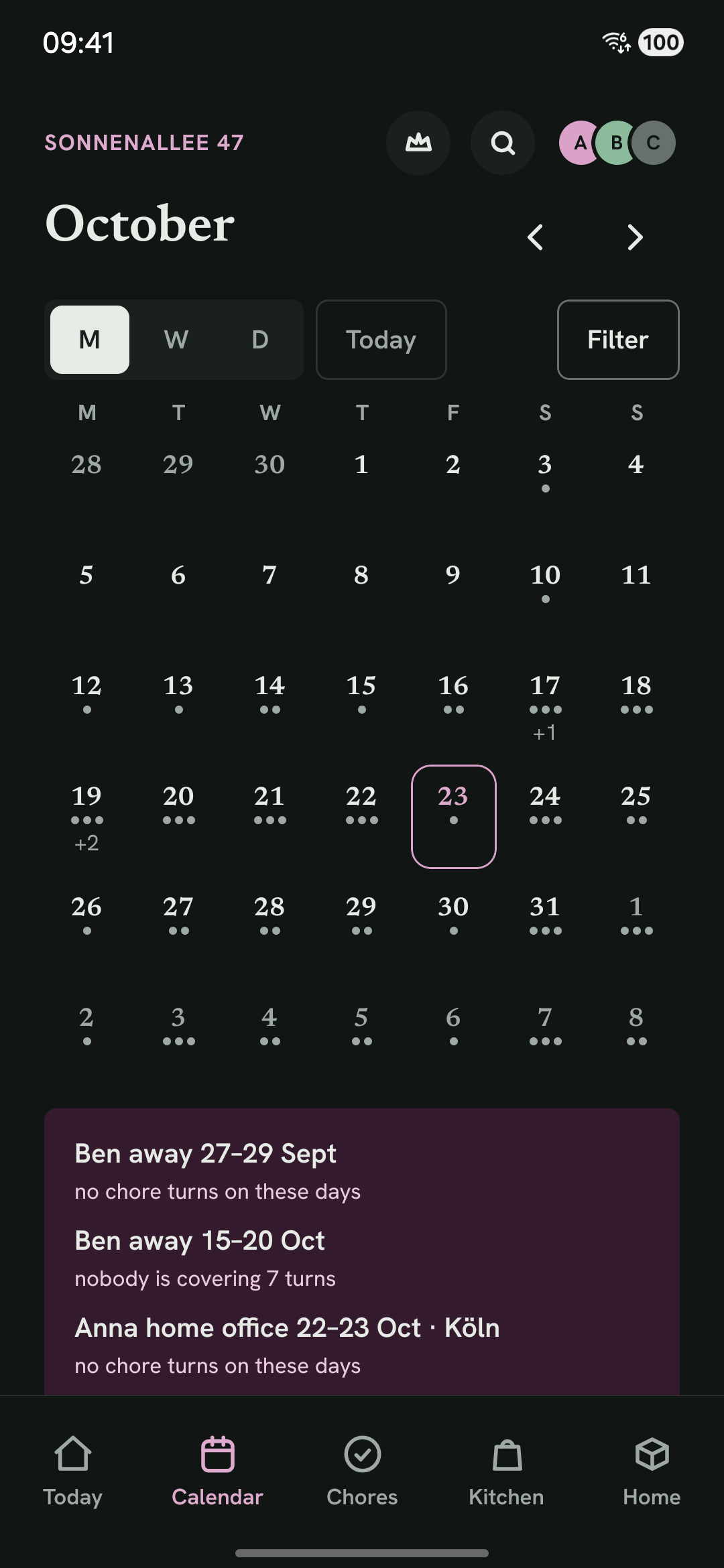 The Calendar tab in the month view with dates and an absence.