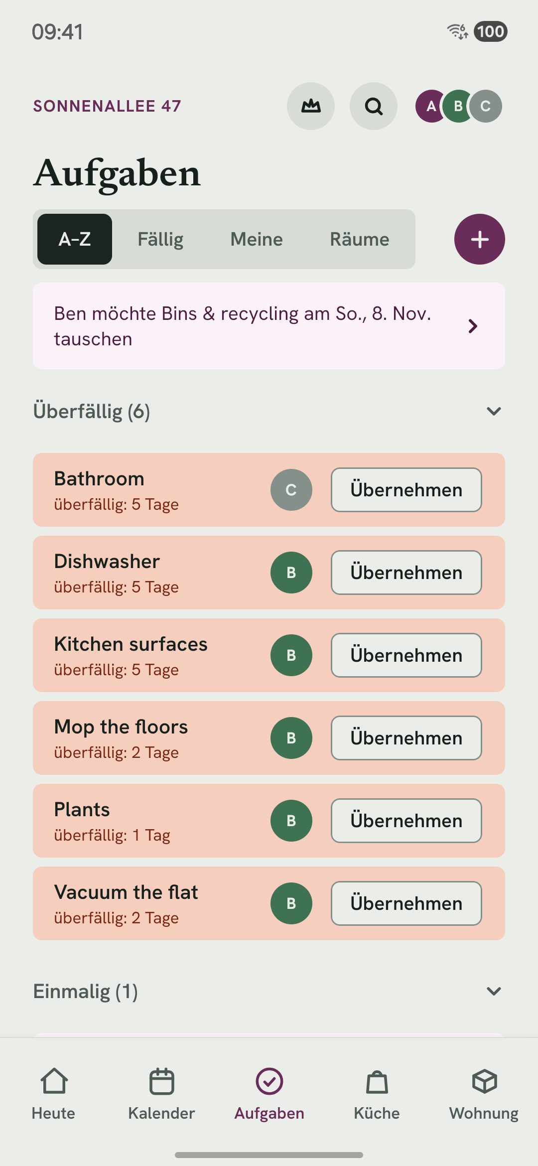 Der Aufgaben-Tab: eine Liste mit Aufgaben, wer sie hat und wann, darunter die Aufgaben ohne Termin.