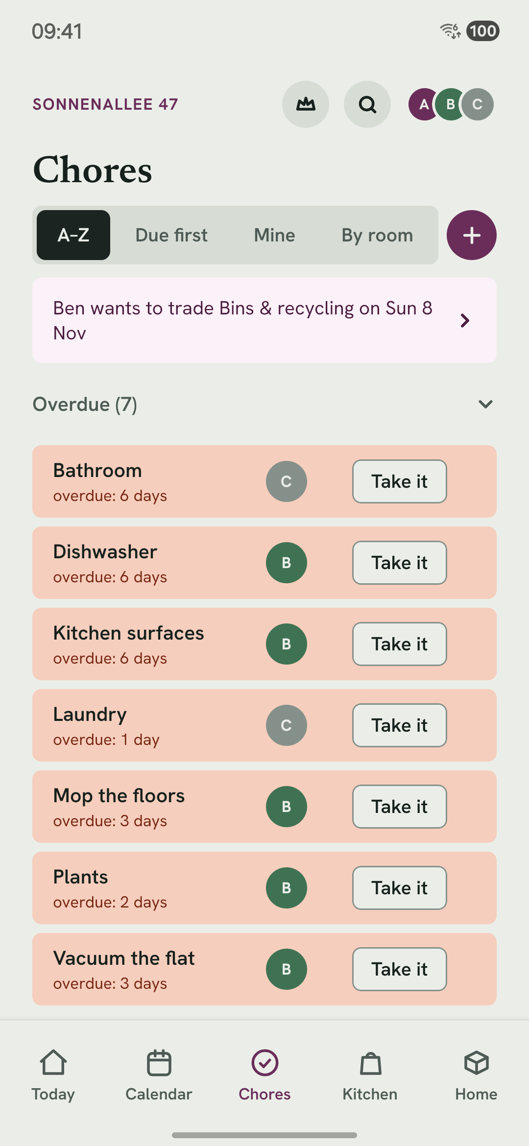 The Chores tab: a list of chores, who has each and when, and below them the chores without a date.