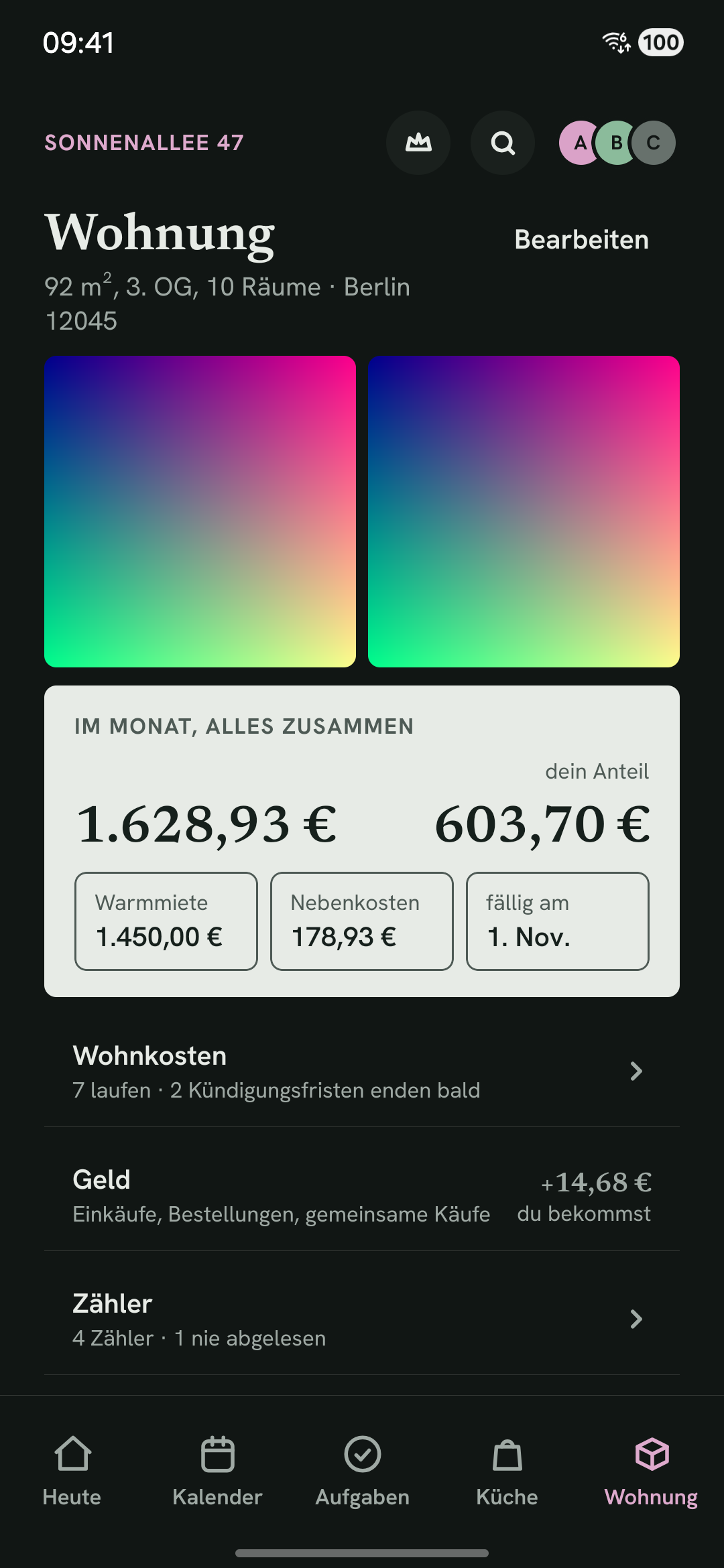 Der Zuhause-Tab mit Miete, Verträgen und Zählerständen.