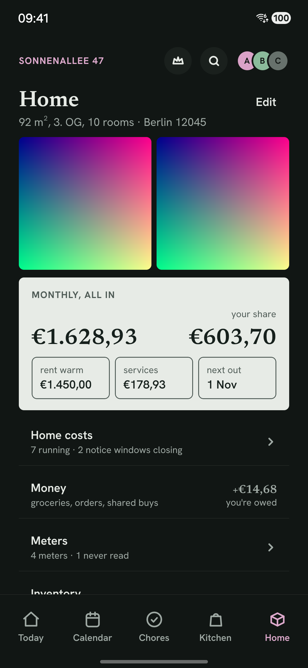The Home tab with rent, contracts and meter readings.
