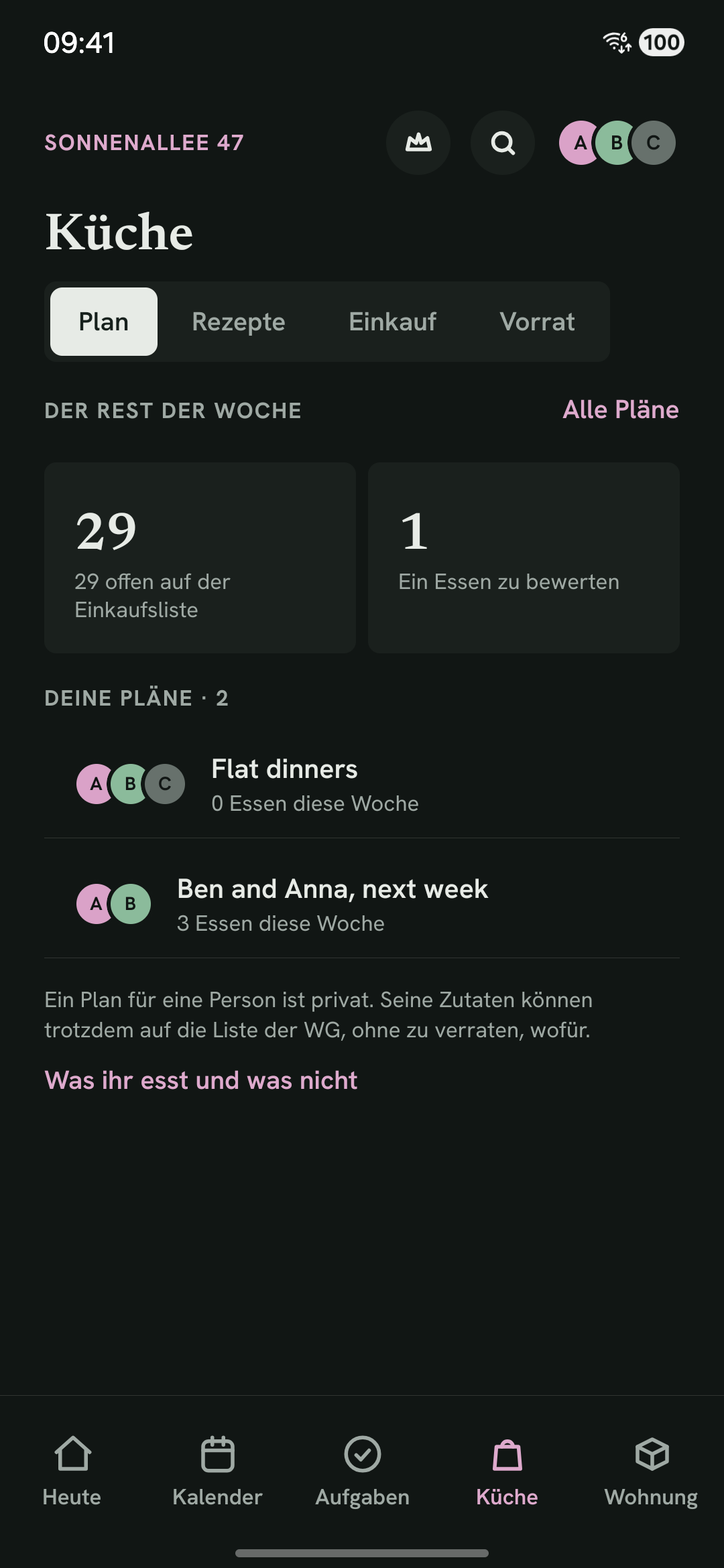 Der Küchen-Tab mit dem Wochenplan und der Einkaufsliste.