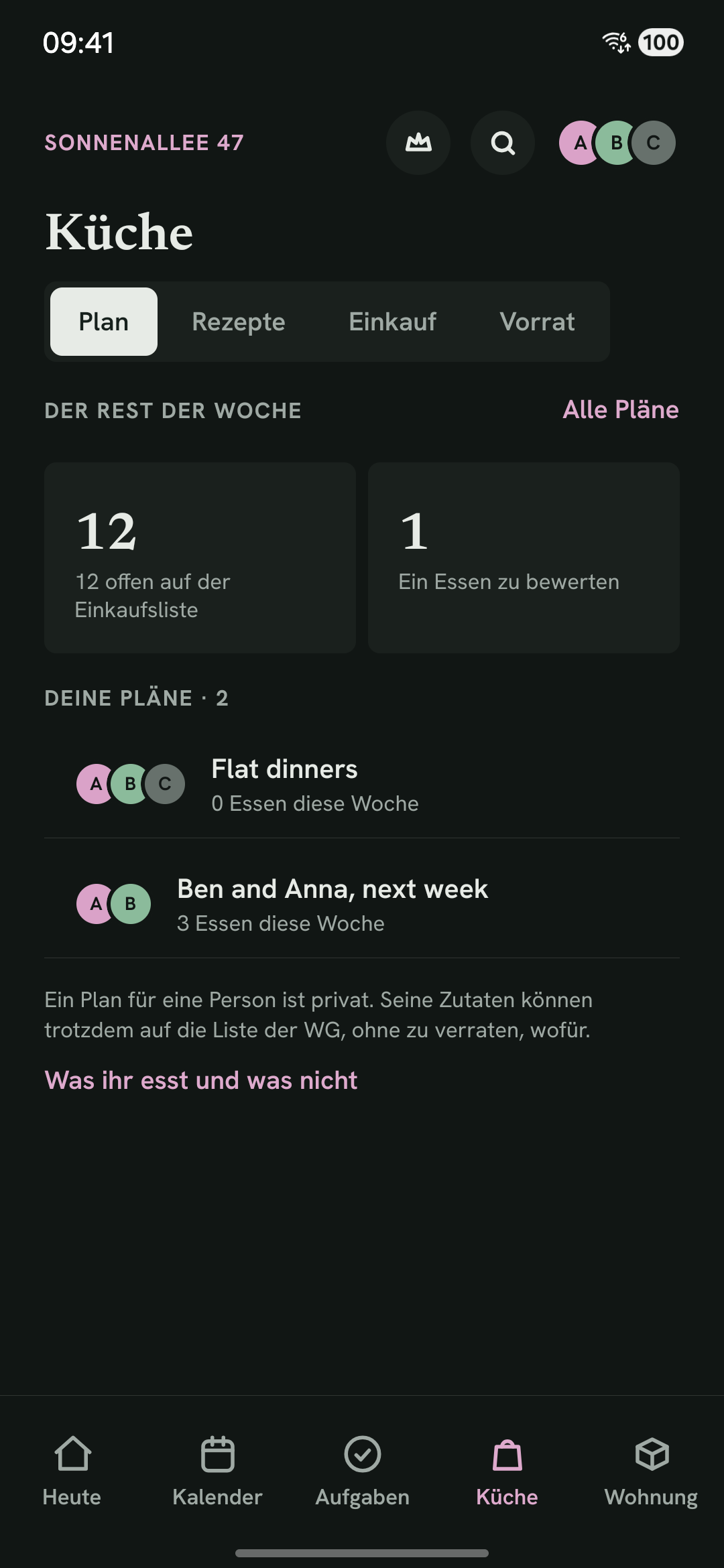 Der Küchen-Tab mit dem Wochenplan und der Einkaufsliste.