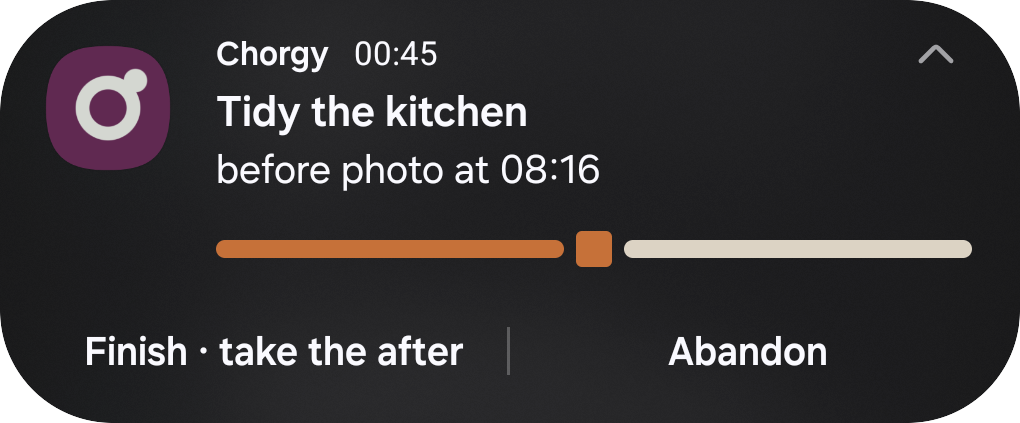 An Android notification for the running chore: the time since the before photo, a bar with the before done and the after still to come, and two buttons to finish and to give up.