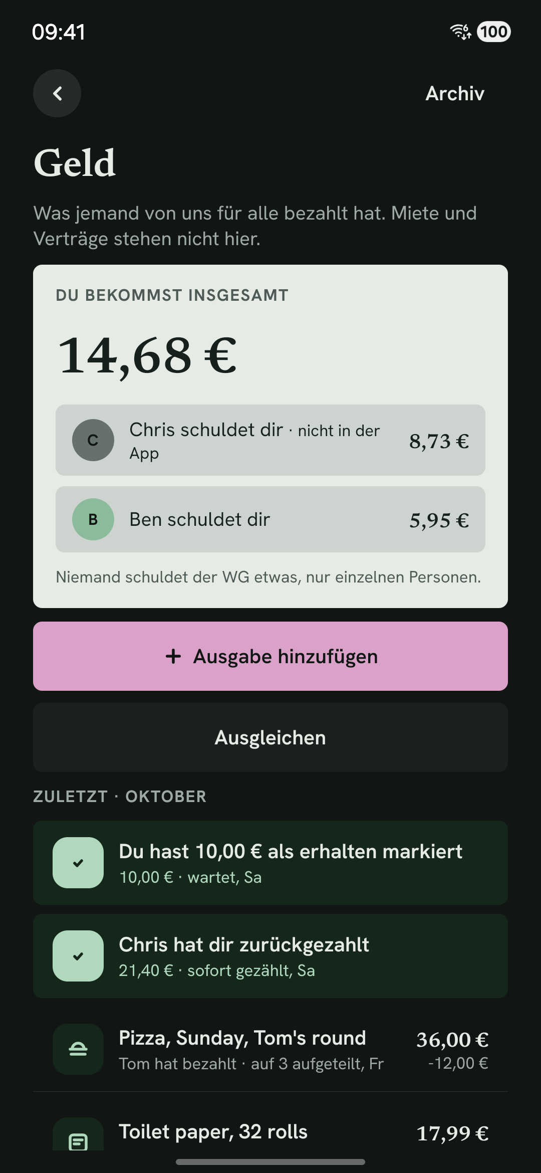 Die gemeinsame Kasse mit den letzten Einkäufen und dem Saldo.
