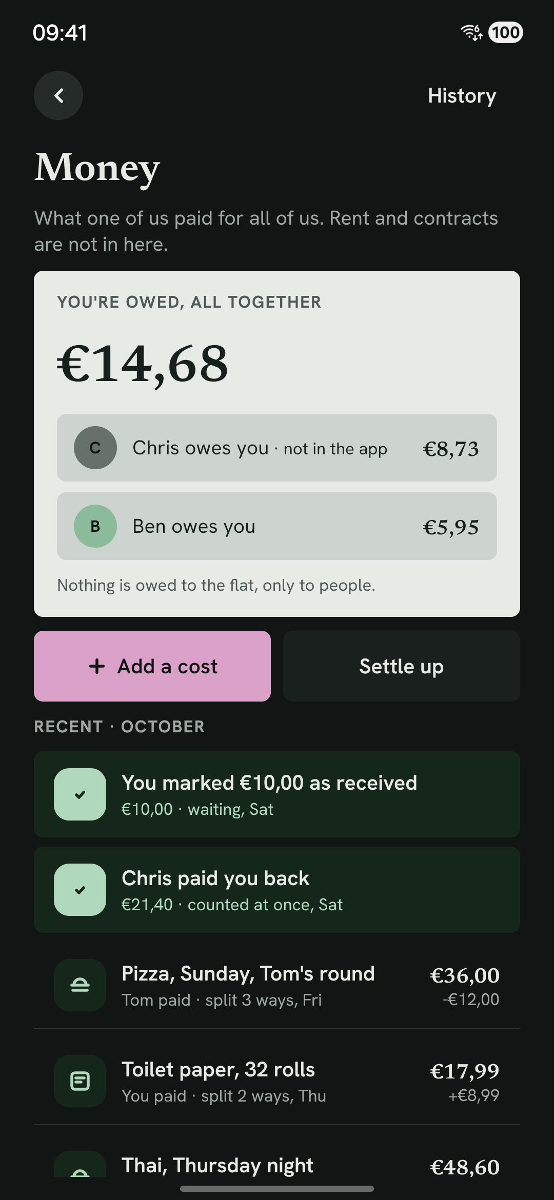 The shared money with the latest purchases and the balance.