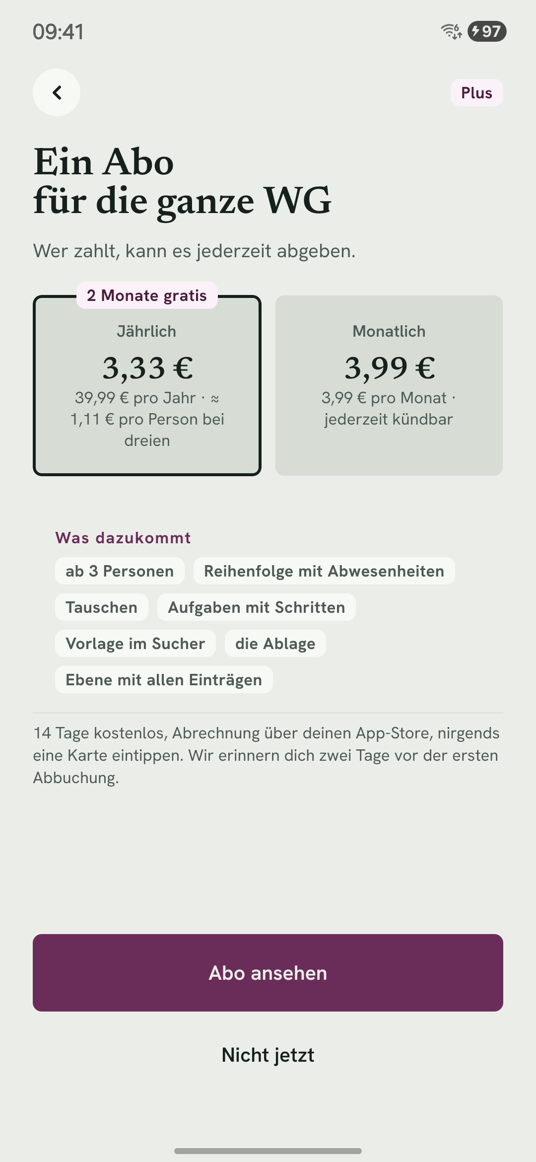 Die Plan-Auswahl: ein Abo für die ganze WG, jährlich oder monatlich, ohne Preis auf dieser Seite.