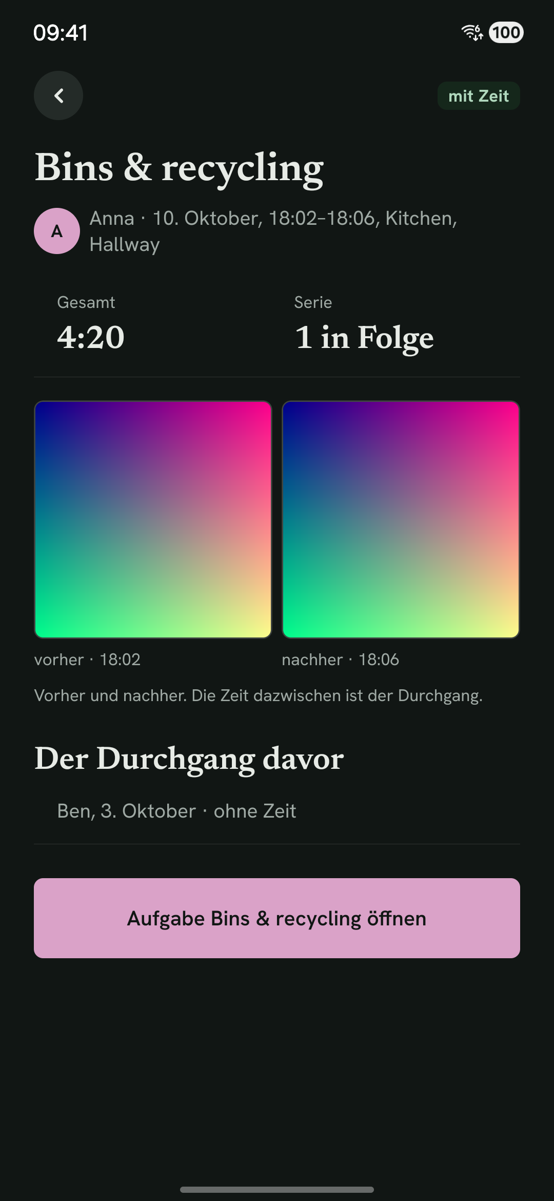 Eine erledigte Aufgabe: das Vorher-Foto und das Nachher-Foto nebeneinander, darunter die Dauer.