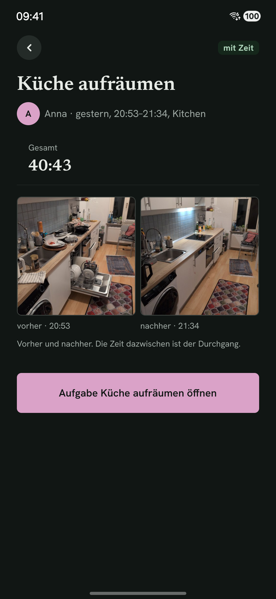 Eine erledigte Aufgabe: das Vorher-Foto und das Nachher-Foto nebeneinander, darunter die Dauer.
