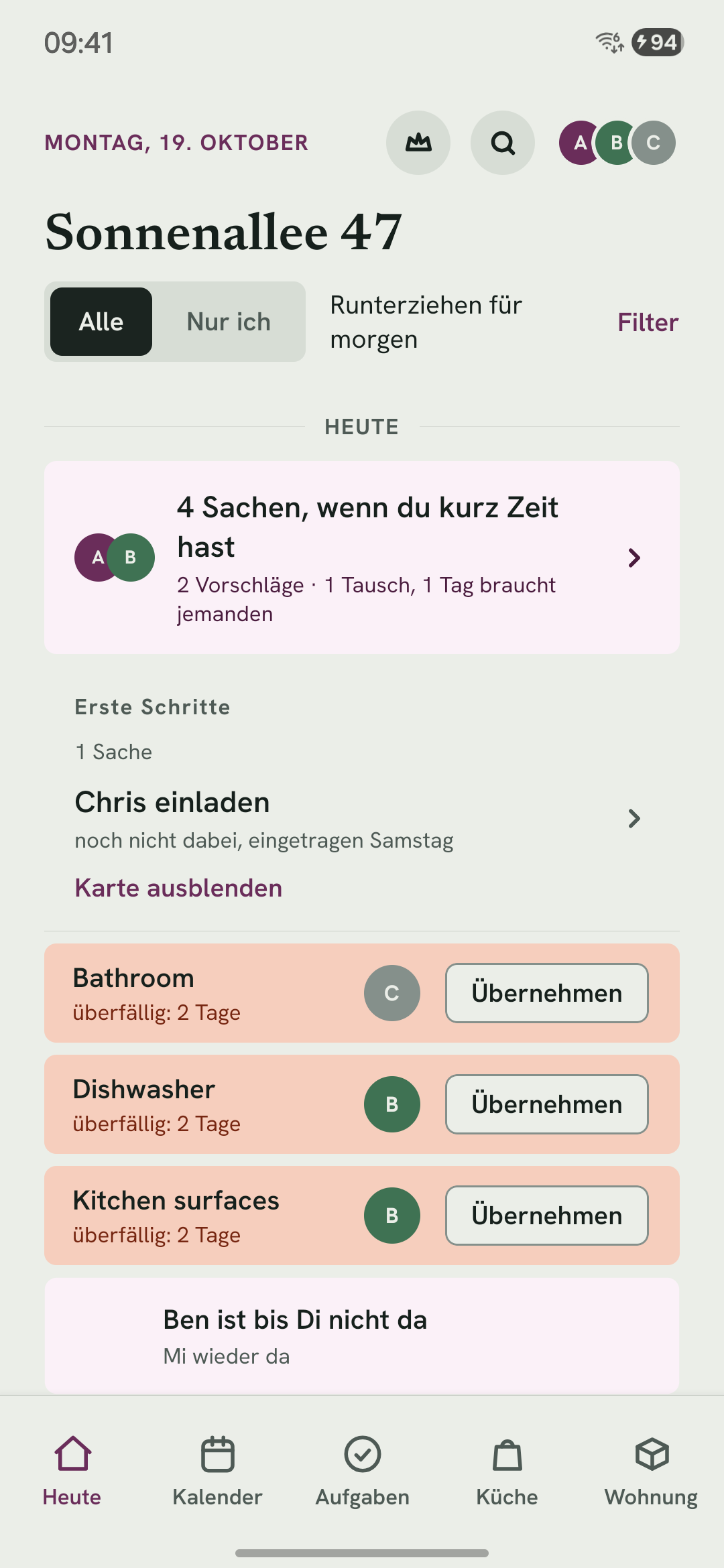 Der Heute-Tab: die Aufgaben des Tages mit Namen und Uhrzeit, eine davon als Nächstes für dich.