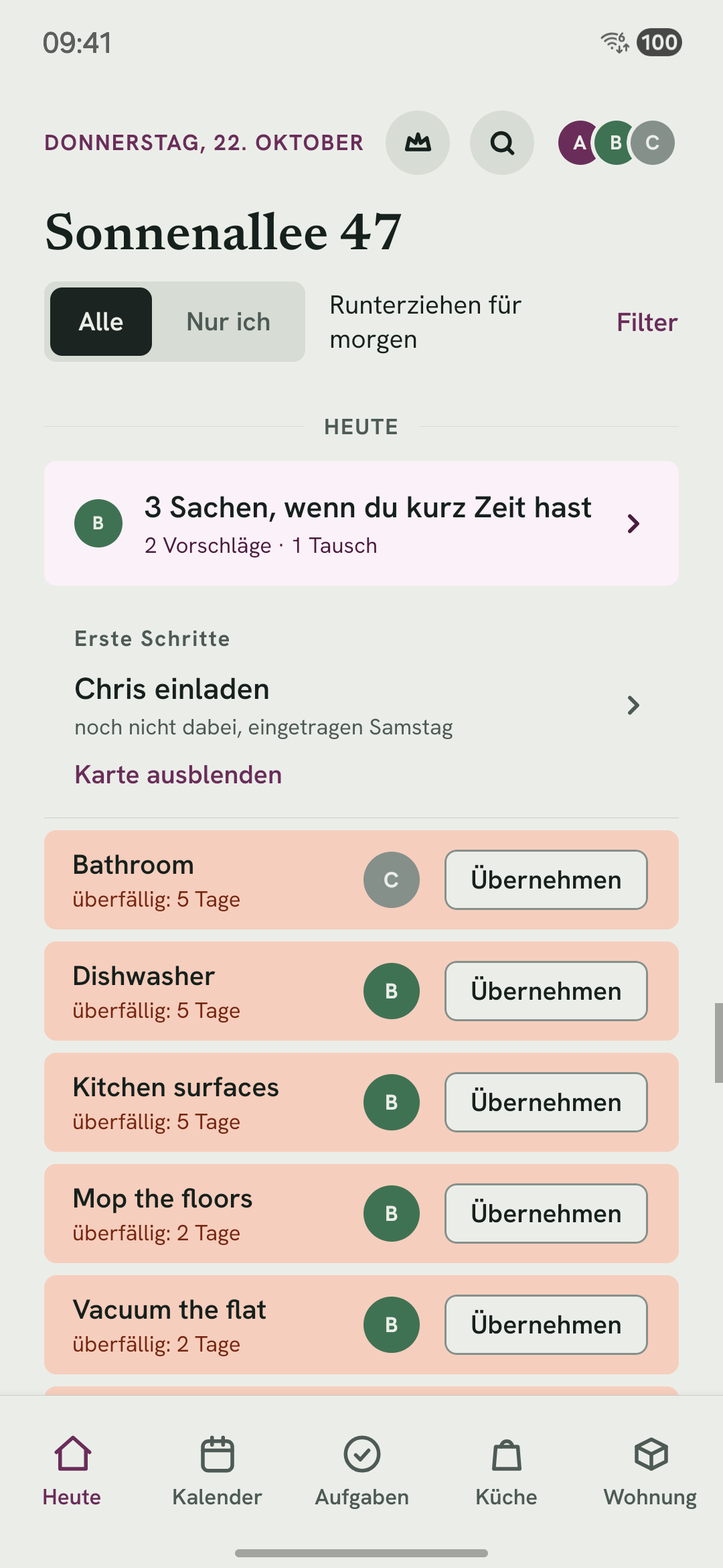 Der Heute-Tab: die Aufgaben des Tages mit Namen und Uhrzeit, eine davon als Nächstes für dich.