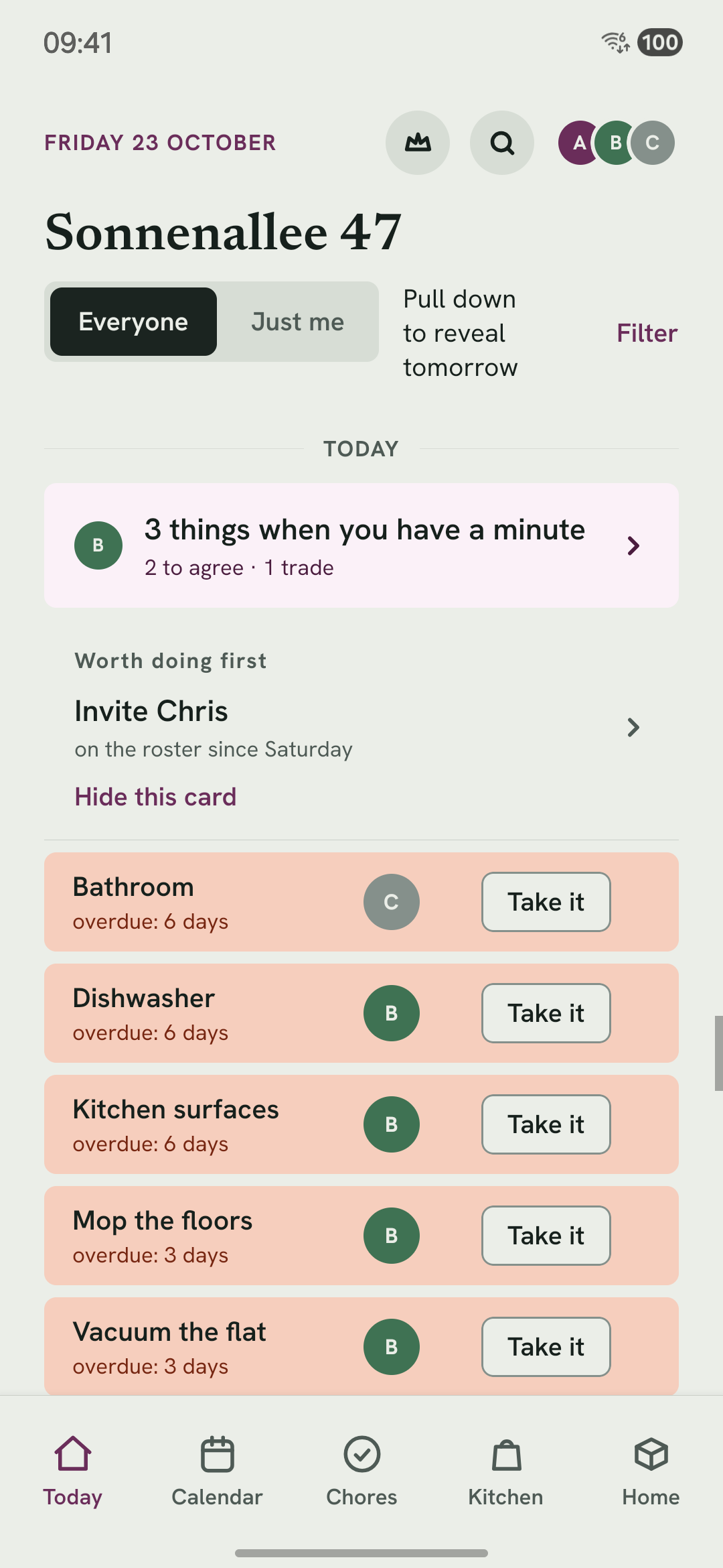 The Today tab: the day's chores with names and times, one of them up next for you.